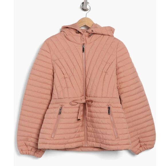 BCBGeneration Diagonal Seam Puffer Hooded Jacket Coral Pink Size Medium (8), NWT - Picture 6 of 16